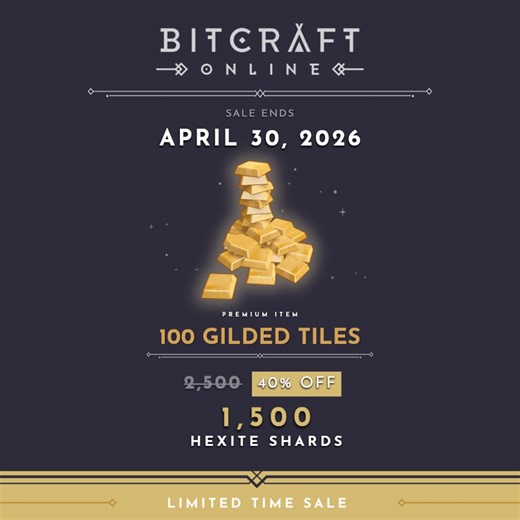 Gilded Tiles Sale ends APRIL 30!Get 100 Gilded Tiles for 1,500 Shards, 40% off the regular price.Use them to pave stunning golden pathways in your world and each pavement takes between 4 to 20 tiles.Grab yours before the sale ends!#bitcraft #MMO #Sale #Gameitems #Gaming
