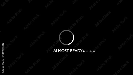 Loading animation with almost ready text on black background loading progress circle buffering waiting.