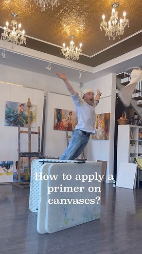 2.8K views · 124 reactions | How to apply a primer on canvases?This way! Quickly, carefully, and with a creative atittude We lost Georges’s apron while we were filming this video, on the chandelier #art #creative #creativity #primer #canvases #artsupplies #artworks #artstudio #fun #творчество #команда #холсты #художественныематериалы #dreamteam #videographer #backstage | ANNA ART Publishing | Facebook