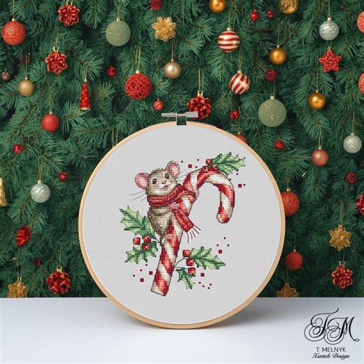 Adorable Christmas Mouse With Candy Cane Cross Stitch Pattern - Holiday Ornament Design PDF Digital Chart - Etsy