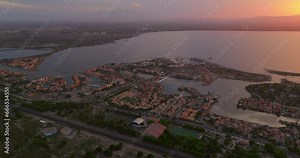 Drone view of the Leucate tourist spot on the Mediterranean Sea, southern France, in summer, during the height of the tourist season. A place for families with children