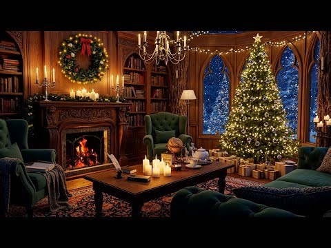 Magical Christmas Library Ambience 📚🔥 Warm Fireplace, Snowfall & Holiday Atmosphere