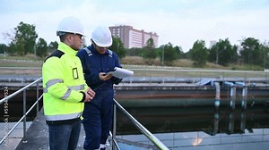 Environmental engineers work at wastewater treatment plants,Water supply engineering working at Water recycling plant for reuse,Technicians and engineers discuss work together.