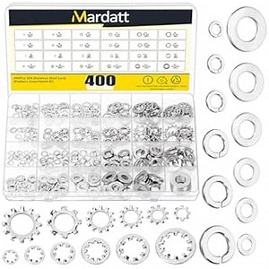 400Pcs 304 Stainless Steel Spring Lock Washer, 6# 8# 10# 1/4'' 5/16'' 3/8'' Internal & External Tooth Star and Split Lock Washers Flat Washer for Screws Bolts Retaining Clips Fastener, SAE