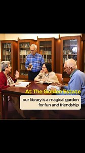 At The Golden Estate, our library is where 'once upon a time' never gets old. Whether it’s a gripping novel or a lively discussion, our residents know the real plot twist is in the laughter shared between the pages! it’s where pages turn into laughter, conversations spark over a good plot twist, and friends gather for more than just reading. Here, every book club feels like a new adventure! #thegoldenestate #loveineverymoment #cherishtogether #heartfeltconnections | The Golden Estate