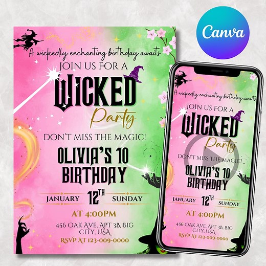 Wicked Birthday Party Invitation, Wicked Party Invitation, WICKED Inspired Movie Ticket, Elphaba & Glinda Theme, Movie Party, Canva Editable - Etsy