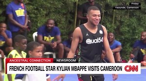 French football star Kylian Mbappe shoots hoops in Cameroon