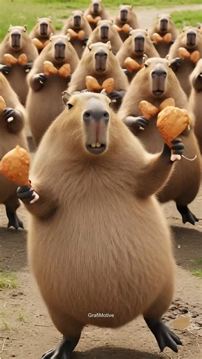 GrafiMotive Studio on Instagram: "When a capybara discovers the magic of chicken wings 🍗 Dancing like it’s wing night every night — pure happy vibes! 😂 #GrafiMotive, #CapybaraDance, #ChickenWingMood, #FunnyAnimals, #CapybaraVibes, #WingNightEnergy, #ViralReel"