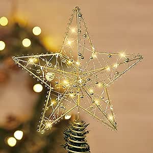 Gold Glittered Beaded Christmas Star Tree Topper - Unique Battery Operated Tree Topper with 30 Warm LED Lights, Lighted Xmas Star Tree Topper for Holiday Party Indoor Tree Decorations(Style B)