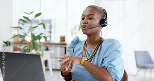 Telemarketing, black woman and communication in a call center office on a business laptop. Customer support, consultation and crm conversation of a African phone consultant worker with productivity