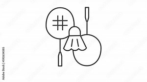 Playing badminton linear animation. Two racquets and shuttlecock. Sport gear. Competition. Seamless loop HD video with alpha channel on transparent background. Outline motion graphic animation