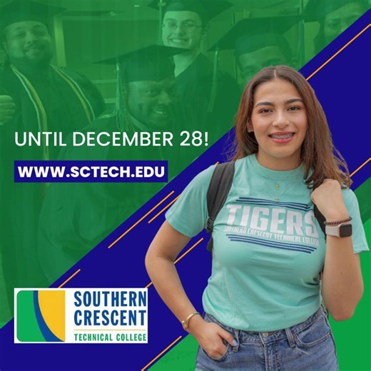 🎁 We have a gift for YOU! Apply to Southern Crescent Technical College today through December 28th and your application fee is WAIVED! Spring 2026 classes begin January 20. Help us spread the word — share the news and apply today! www.sctech.edu/apply | Southern Crescent Technical College