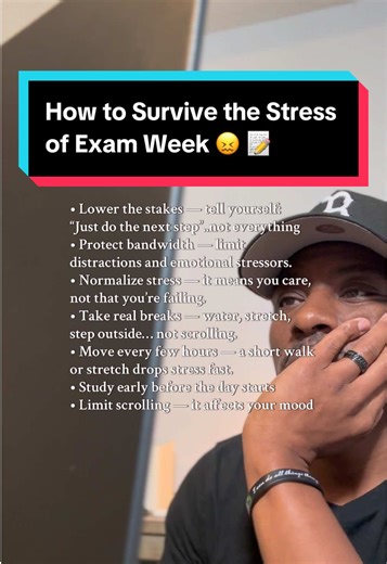 Final exam week is stressful. Most of the stress we feel isn’t from the work itself — it’s from what’s going on mentally. We often don’t give ourselves time to breathe. These are simple mental habits that help me stay steady so I can actually study better when everything gets overwhelming. • Lower the stakes — tell yourself: “Just do the next step.” • Do a 2-minute reset — breathe, relax your shoulders, or do a quick workout. • Move every few hours — a short walk or stretch drops your stress fas