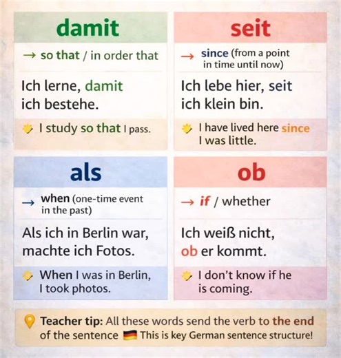 EinfachDeutsch01 on Instagram: "Confusing damit, seit, als & ob in German? Here’s the cheat code 🇩🇪✨ 📗 damit → so that / in order that Ich lerne, damit ich bestehe. I study so that I pass. 📕 seit → since (from then until now) Ich lebe hier, seit ich klein bin. I’ve lived here since I was little. 📘 als → when (one-time event in the past) Als ich in Berlin war, machte ich Fotos. When I was in Berlin, I took photos. 📙 ob → if / whether Ich weiß nicht, ob er kommt. I don’t know if he’s coming.