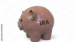 Money fall into piggy bank with Individual Retirement Account IRA text. Savings related 3D animation