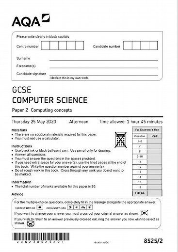 AQA GCSE COMPUTER SCIENCE PAPER 2 2023 (8525/2: Computing concepts)