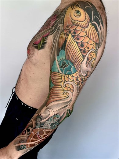 Full Japanese sleeve and chest plate! This all started with Neil wanting to symbolize his daughters with different color peonies. He originally wanted the chest plate and half sleeve, then eventually deciding to continue all the way to the wrist! To inquire please email jon@theparlourofbuffalo.com #tattoos #japanesetattoo #sleevetattoo #japaneseart #buffalotattooartist