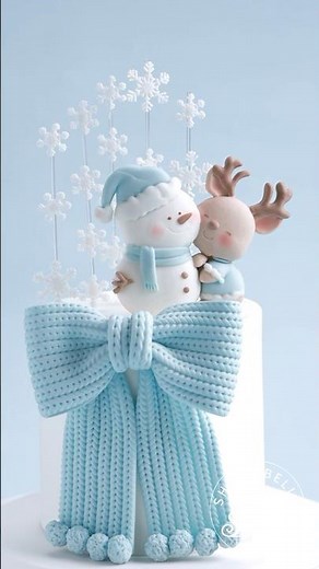 ☃️Christmas fondant cake：A cute reindeer, a smiling snowman, and a knitted-texture bow🎀#christmas