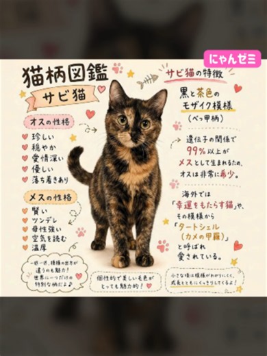 猫柄図鑑「サビ猫」🐈️ 性格・特徴を可愛い図解にしたよ😸 みんなの猫ちゃんはどうですか？ コメントで教えてね✨️ ━━━━━━━━━━━ 📣猫のこと、楽しく分かりやすくをモットーに情報発信しています😸 このアカウントをフォローしてスキマ時間を学びの時間にしよう✨️ ━━━━━━━━━━━ BGM：Cherry（Original） ※AI生成画像を使用しています。 #猫雑学 #にゃんゼミ #猫のいる暮らし