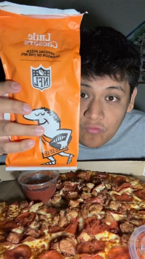 FRANKIE on Instagram: "Little Caesars New 3 Meat Treat 😋 #pizza #littleceasers #breadsticks #mukbangs #foodreview ￼"