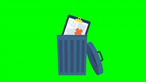 Throw the document, agreement, contract in the trashxon the document. Delete data and file. Delete file, trashcan. Putting contact paper into the trash can. 2d flat animation. Alpha channel