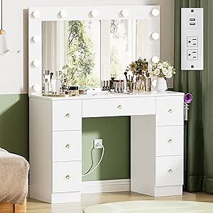 Makeup Vanity Desk with Mirror and Lights,Vanity Table with Power Outlet, Hairdryer Rack, 7 Drawers,11 Lights 3 Color Modes and Adjustable Brightness,Vanity Desk Dressing Table for Bedroom (White)