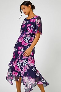 Navy Floral Chiffon Frill Asymmetric Midi Dress | Roman UK