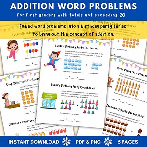 First Grade Math Addition Word Problems Worksheet With Picture Birthday Party Theme Printable Morning Menu 1st Grade Learn to Add Tutorial - Etsy