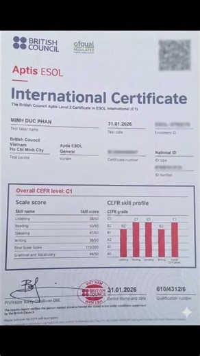Đạt Aptis ESOL bậc C1 (31/01/2026)