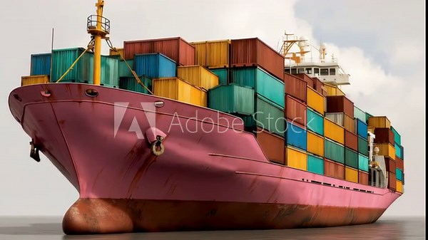 Large red ship with many containers on it. The ship is in the middle of the ocean
