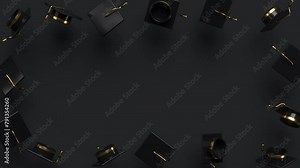 Random rotating graduation caps with copy space. Education, diploma award, degree ceremony concept. 3d render looped 4k animation.