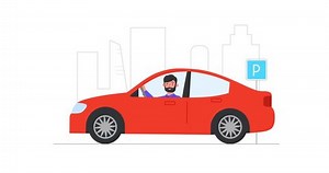 Education process in driving school. Moving banner with man driving car and showing his drivers license. Character learned rules of road and passed exam. Cartoon flat animated graphics