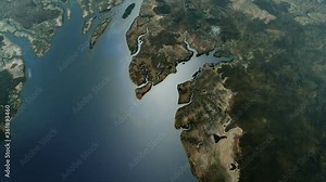 Virtual camera is moving over an alien planet similar to Earth.