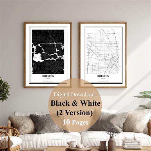 Houston Map Print, Houston TX City Map Printable | Minimalist Black & White Map Art | Houston Map Poster | Digital Download Wall Art - Etsy
