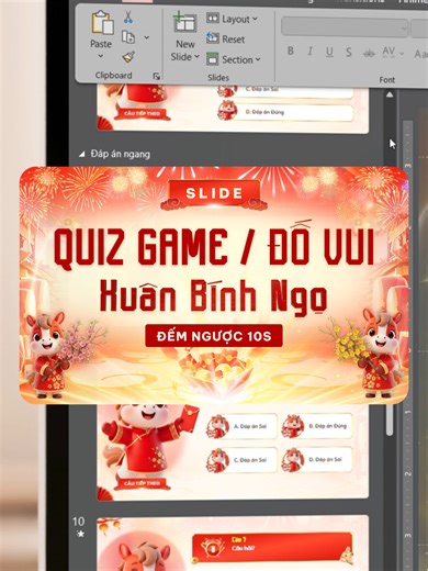 Slide Quiz Game Xuân Bình Ngọ – Trò chơi đố vui chủ đề Tết - được thiết kế theo chủ đề Tết cổ truyền Việt Nam, mang màu sắc rộn ràng, vui tươi và đậm bản sắc dân gian. Bộ slide gồm hơn 14 trang, bao gồm trang mở đầu, các slide câu hỏi, slide đáp án đúng – sai, trắc nghiệm 4 lựa chọn và slide thể lệ trò chơi. #tet #tet2026 #xuanbinhngo2026 #quiz #tuyetkypowerpoint