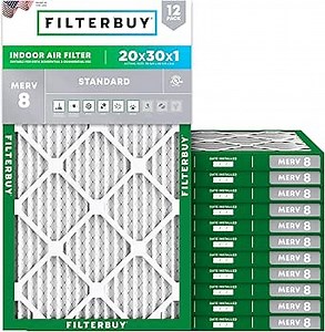 Filterbuy 20x30x1 Air Filter MERV 8 Essential Dust & Allergy Defense (12-Pack), Electrostatic Pleated HVAC AC Furnace Filters Replacement, Made in USA (Actual Size: 19.63 x 29.63 x 0.75)