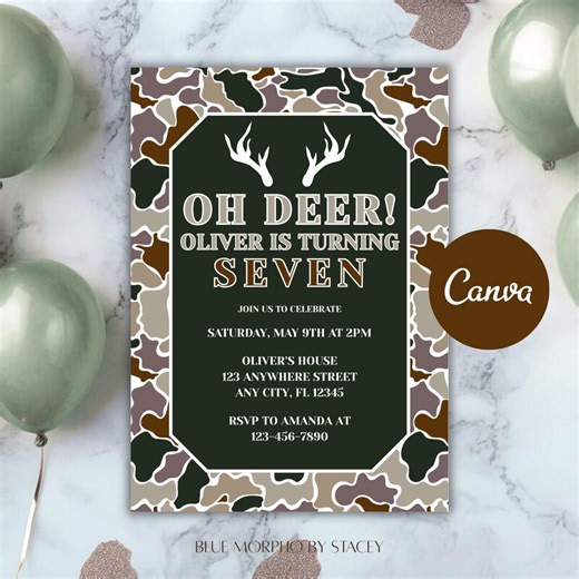 Camo Deer Birthday Invitation | Hunting Theme Party (canva Template) - Etsy