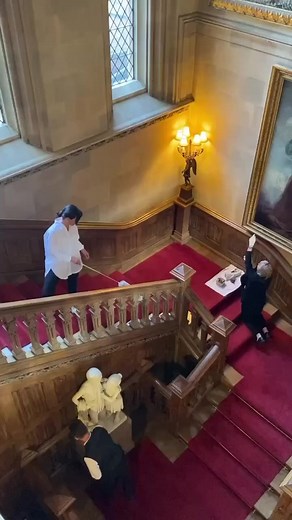 Highclere Castle’s very own Mrs Hughes and team - otherwise Jason, Eileen and Majka... Please watch to the very end 🤫#highclerecastle #downtonabbey #housekeeping #staircase #mrshughes #footmen #castlesofinstagram #hoover #fun #cupoftea #secret #secretroom #historichouses #countryhouse #teamwork | Highclere Castle