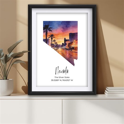 Nevada State Map Wall Art Print, Watercolor Las Vegas Strip Sunset Decor - Etsy