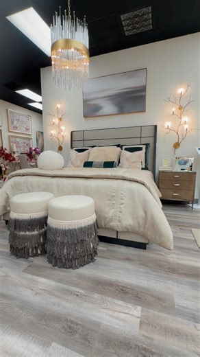 We are loving this glam bedroom setup with luxe layers and elegant details! #interiordesign
