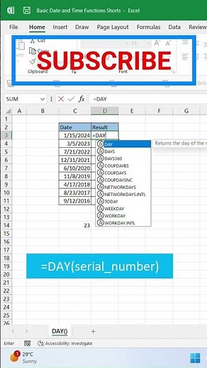 DAY() Function in Excel! #excel #exceltutorial #excelfunctions