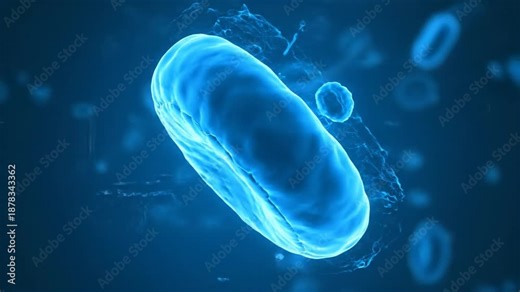 Microscopic view of a glowing blue cell in a dark environment with surrounding particles and cells