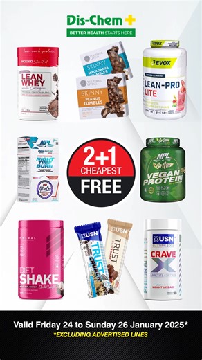 Something BIG is coming this weekend! 👀💪 Buy 2 sports supplements and get the 3rd (cheapest) FREE!* 💪 Don’t miss out on this epic 2 1 deal at Dis-Chem. Valid 24–26 January 2025. *T&Cs apply. Excludes all advertised products. #DisChem #FitnessFuel #SportsSupplements #2 1SportsWeekend | Dis-Chem Pharmacies