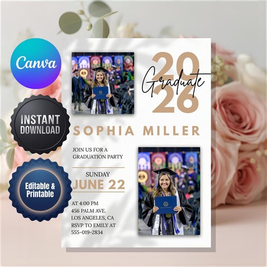 Graduation Invitations with Photo, Class of 2026 Grad Party Invite, College Graduation Announcement, Digital Download, Editable Canva