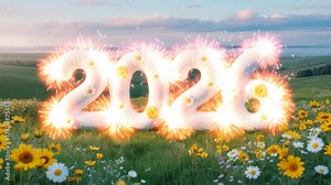 Inflatable numbers 2026 with daisies and fireworks in a green field new year