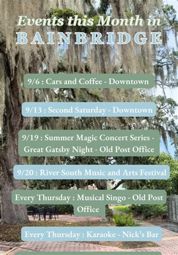September is stacked with reasons to visit Bainbridge! 🎶 Live music on the square. 🍔 Local eats & downtown dining. 🌳 Outdoor adventures for the family. 👨‍👩‍👧 Community events you won’t want to miss. ✨ Don’t just scroll — plan your slow down. We’ll save you a spot under the Bainbridge sunset. 🌅 #BainbridgeGA #ExploreGeorgia #TravelGeorgia #visitbainbridge #travel