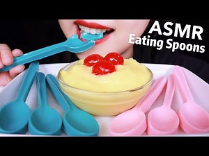ASMR Eating CANDY SPOONS + PUDDING | ASMR food | ASMR edible | 食べられるスプーン | 숟가락 리얼사운드 | Abbey ASMR