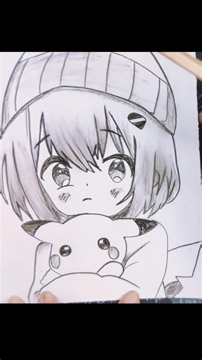 Cute Anime Girl & Pikachu Drawing ✏️✨ #shorts #art
