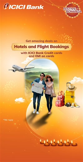 🪔 Festivities call for new destinations! Book your next trip with ICICI Bank credit cards and EMI on cards to enjoy exclusive offers on MakeMyTrip, EaseMyTrip, Goibibo, Ixigo, Paytm Flights & Yatra. T&C apply To know more about the offers, check: https://www.icicibank.com/campaigns/bonanza/index?utm_source=Digital&utm_medium=SocialMedia&utm_campaign=FB2025 #FestiveBonanza #FestiveSeason #Cards #Offers #ICICIBank | ICICI Bank