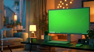 Computer Green Screen desktop on a Desk in the Living Room. Background Cozy Living Room in the Evening with Warm Lights, technology, monitor, display, business, office
